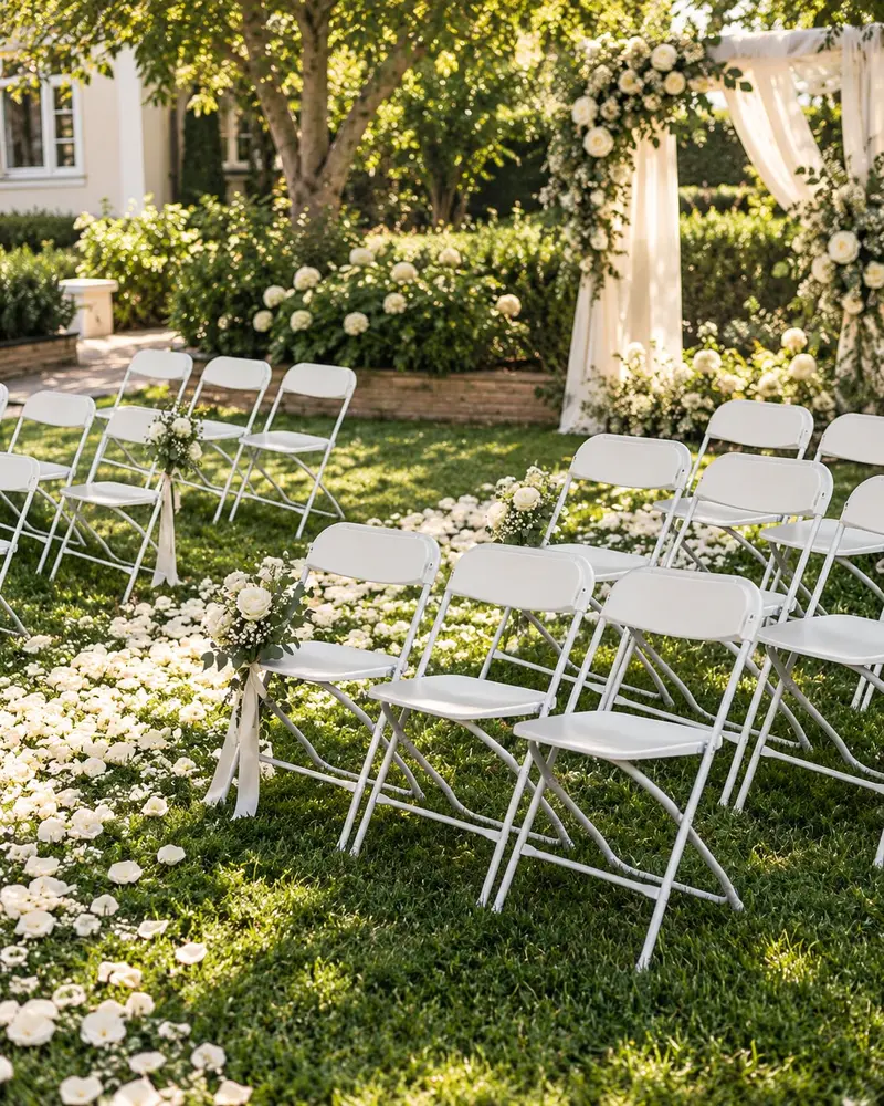 Sillas blancas en un jardín para ceremonia