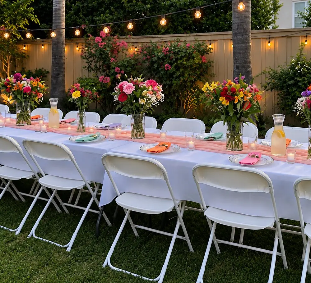 Mesa larga con manteles blancos, flores y sillas blancas