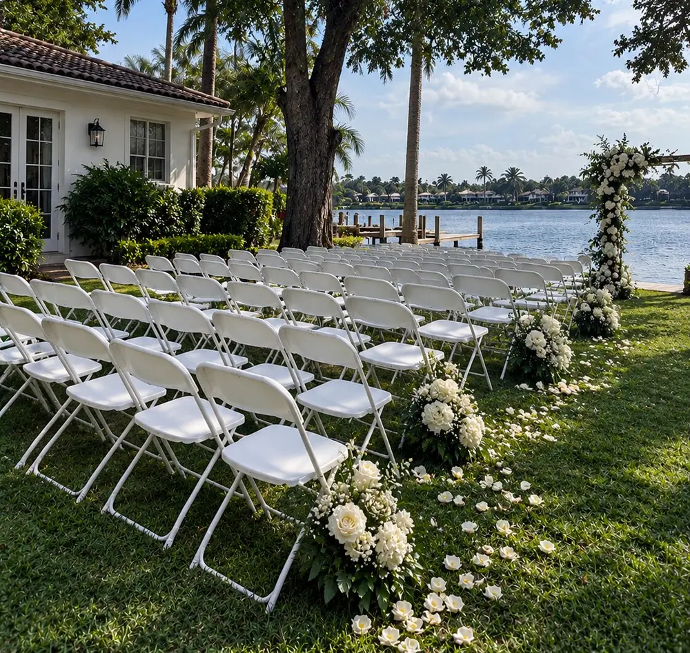 Ceremonia con sillas blancas junto al agua